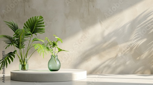 White, empty textured wall and stage background of a podium, generative ai