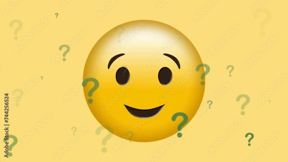 Animation of smiling emoji icon with question marks on yellow background Animation of smiling emoji icon with question marks on yellow background