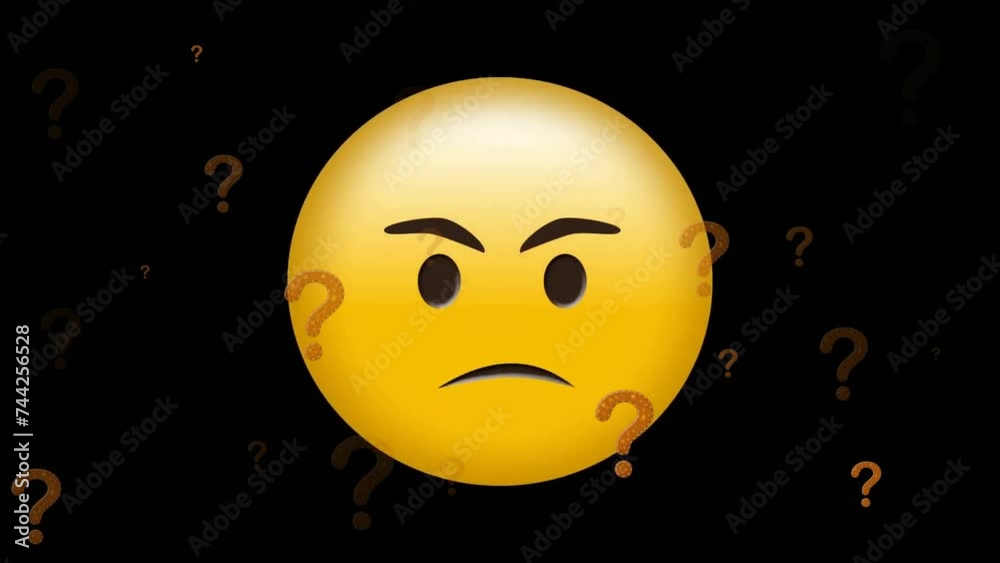Animation of angry emoji icon with question marks on black background