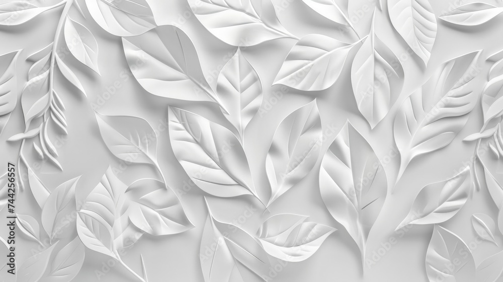 White abstract geometric floral leaves 3d wall texture background. generative AI - obrazy, fototapety, plakaty 