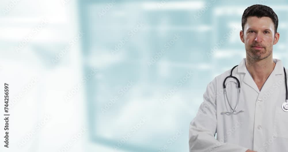 Animation of caucasian male doctor wearing stethoscope on blurred background with copy space Animation of caucasian male doctor wearing stethoscope on blurred background with copy space