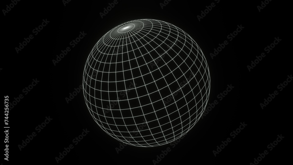 3d render white wireframe grid sphere glob ball. Retro neon y2k 90s 80s vaprowave retrowave background. isolated black Network planet Earth. Illustration 8k futuristic