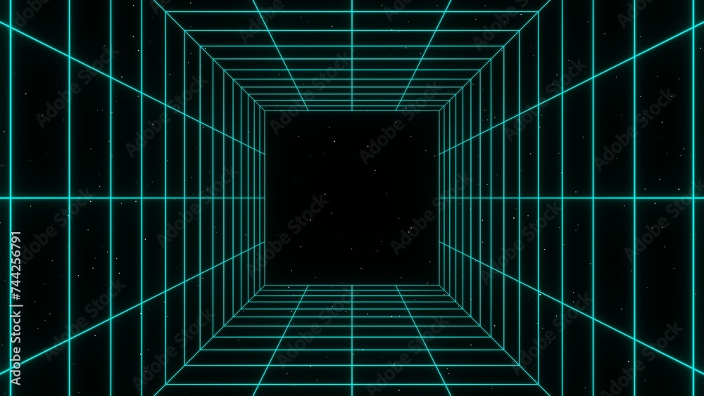 3d retro futuristic aqua blue green abstract background. Wireframe neon laser swirl grid cube square tunnel lines with stars. Retroway synthwave videogame sci-fi. Illustration 8k futuristic - obrazy, fototapety, plakaty 
