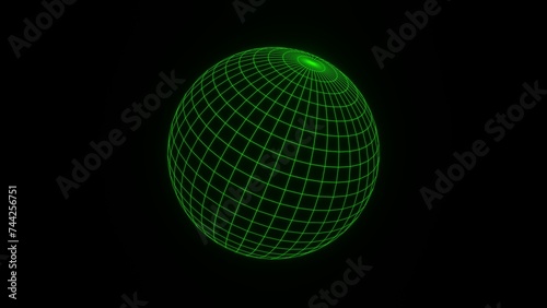 3d render green wireframe grid sphere glob ball. Retro neon y2k 90s 80s vaprowave retrowave background. Network planet Earth. Illustration 8k futuristic