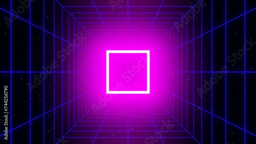 3d retro futuristic pink abstract background. Wireframe neon laser swirl grid cube square tunnel lines with stars. Glowing frame. Retroway synthwave videogame sci-fi. Illustration 8k futuristic