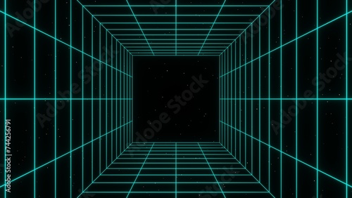 Fototapeta Naklejka Na Ścianę i Meble -  3d retro futuristic aqua blue green abstract background. Wireframe neon laser swirl grid cube square tunnel lines with stars. Retroway synthwave videogame sci-fi. Illustration 8k futuristic