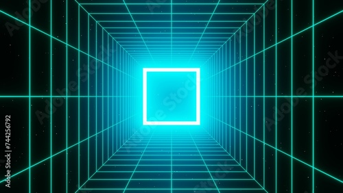 Fototapeta Naklejka Na Ścianę i Meble -  3d retro futuristic aqua blue abstract background. Wireframe neon laser swirl grid cube square tunnel lines with stars. Glowing frame. Retroway synthwave videogame sci-fi. Illustration 8k