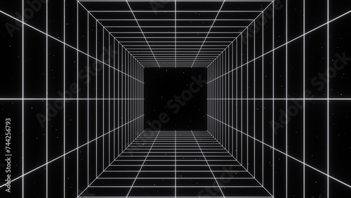 Fototapeta Naklejka Na Ścianę i Meble -  3d retro futuristic black and white abstract background. Wireframe neon laser swirl grid cube square tunnel lines with stars. Retroway synthwave videogame sci-fi. Illustration 8k