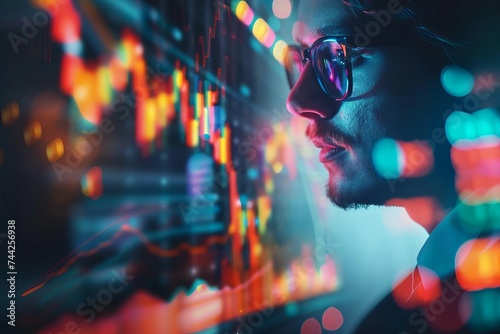 Business strategy and investment visualized through a stock market concept Showcasing a businessman analyzing growth trends and making informed decisions. © Lucija