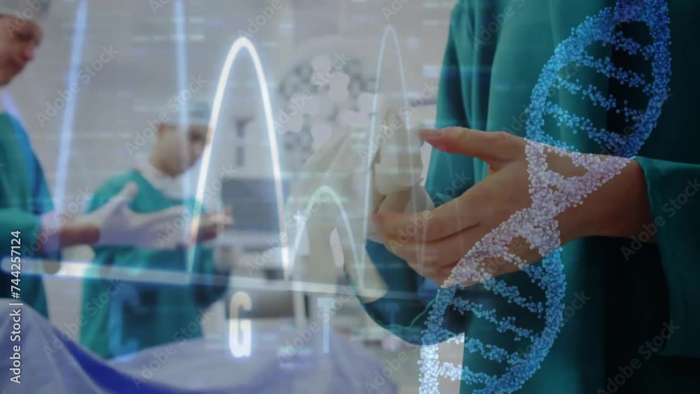 Animation of dna strand and data processing over diverse surgeons in hospital