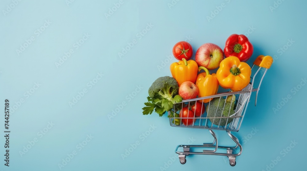 Healthy food Shopping Cart on pastel blue background. Copy space. generative AI Healthy food Shopping Cart on pastel blue background. Copy space. generative AI