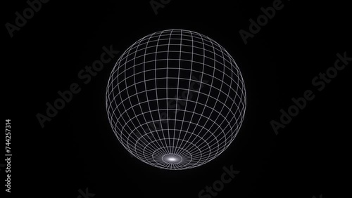 3d render white wireframe grid sphere glob ball. Retro neon y2k 90s 80s vaprowave retrowave background. isolated black Network planet Earth. Animation 30fps 4k loop Music futuristic disco template. 