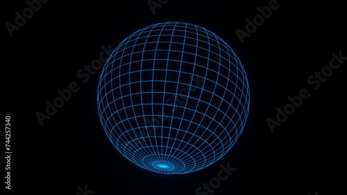 3d render blue wireframe grid sphere glob ball. Retro neon y2k 90s 80s vaprowave retrowave background. Network planet Earth. Animation 30fps 4k loop Music futuristic disco template. 