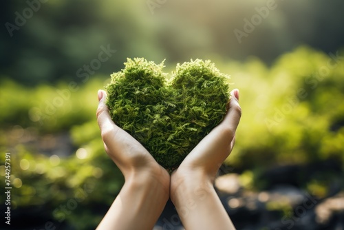 Human Hand Holding Green Heart Formed by Hand on Blurred Green Landscape Background