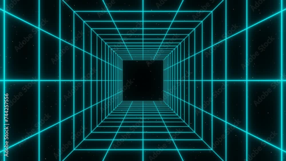 3d retro futuristic aqua blue green abstract background. Wireframe neon laser swirl grid cube square tunnel lines with stars. Retroway synthwave videogame sci-fi. Music disco  Animation 30fps loop