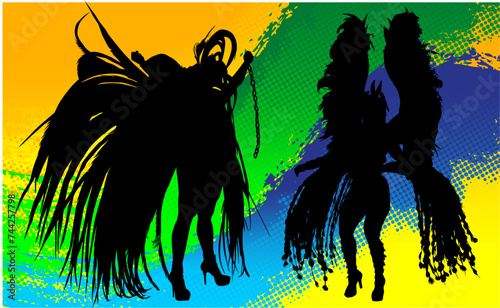 samba, baile, brasil, danza, carnaval, silueta, color, vector, pegatina, plumas, traje,  ilustracion, angel, diablo, pareja