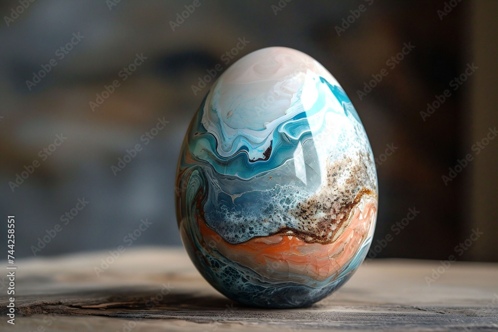 A single colorful marble Easter egg with a swirl of blue, orange and white hues rests on a wooden surface, imbued with a natural and artistic essence, perfect for modern Easter decor. A single colorful marble Easter egg with a swirl of blue, orange and white hues rests on a wooden surface, imbued with a natural and artistic essence, perfect for modern Easter decor.