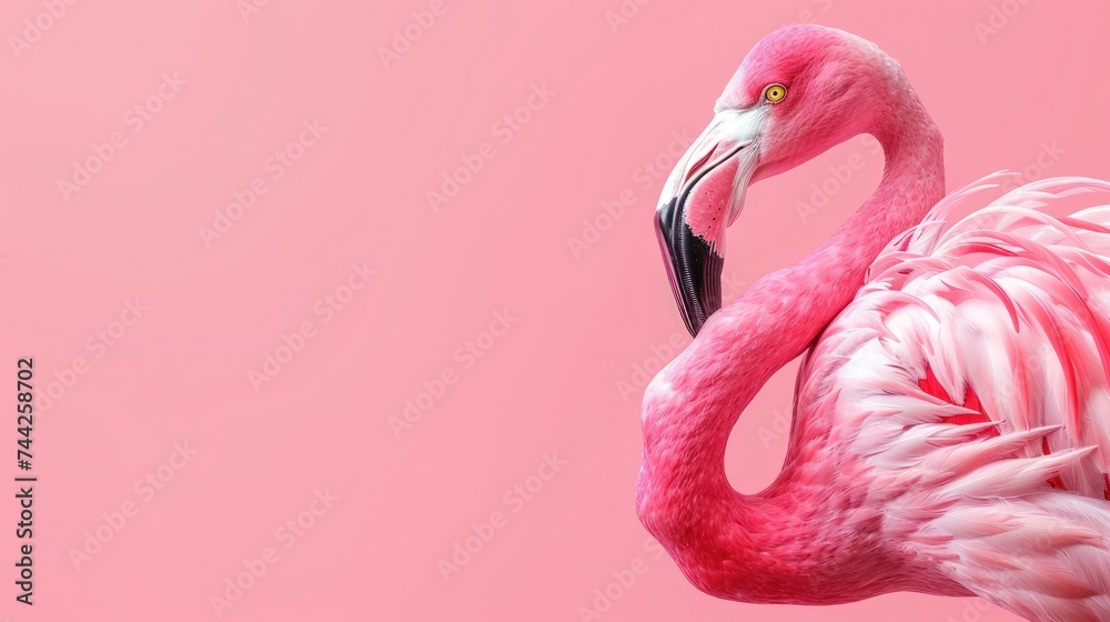 Close up of pink Flamingo on pink pastel background. Copy space. generative AI