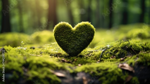 Green Heart with Moss on Forest Ground, Blurred Landscape Background. Copy Space for Earth Day, World Environment Day Banner