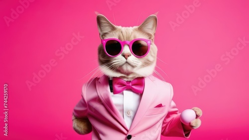Portrait of a white cat in a tuxedo wearing sunglasses and a suit, animal fashion concept.Business concept