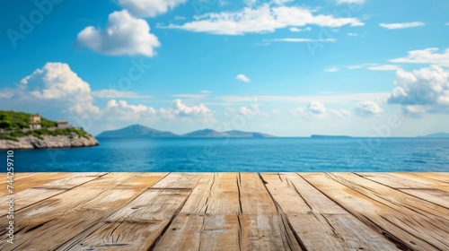 The wooden table in the background sees the sea. generative ai