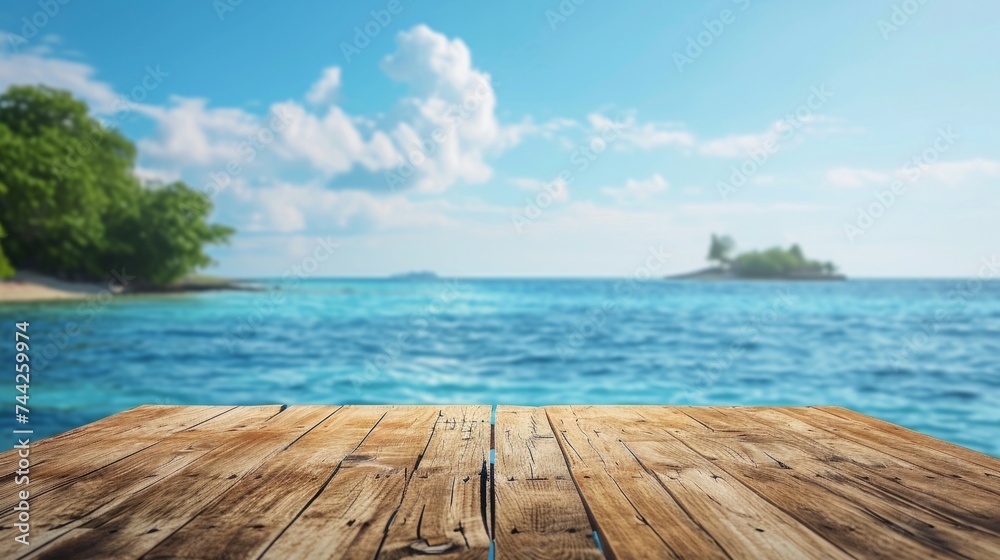 The wooden table in the background sees the sea. generative ai