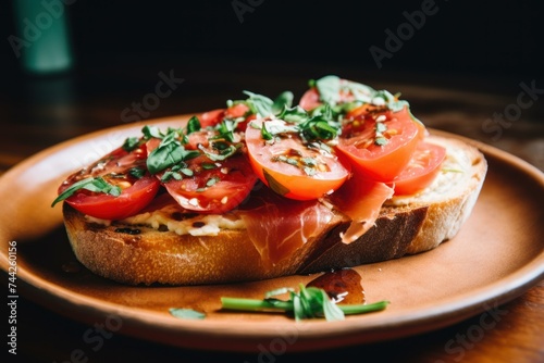 Prosciutto tomato toast. Food jamon. Generate Ai photo