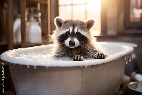 A Playful Raccoon Enjoying a Relaxing Bubble Bath in a White Tub, Expressing Surprise with Wide Eyes and Curious Paws Resting on the Side. Soft Focus Background with a Mix of Light and Dark Tones.