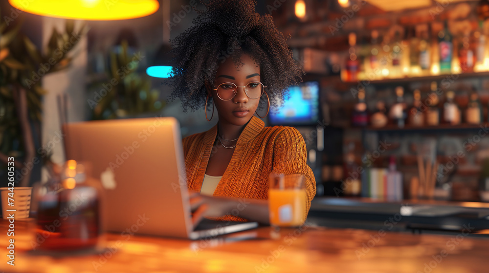 Serious Black Woman Checking Laptop In A Bar 8k 3d Render