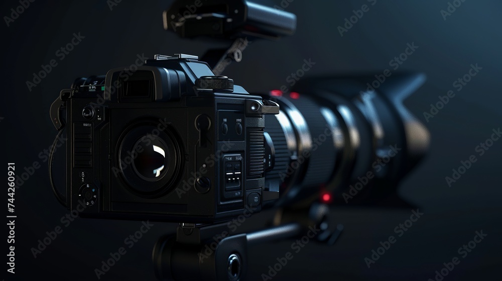 4k renders of a Professional video camera on dark black background