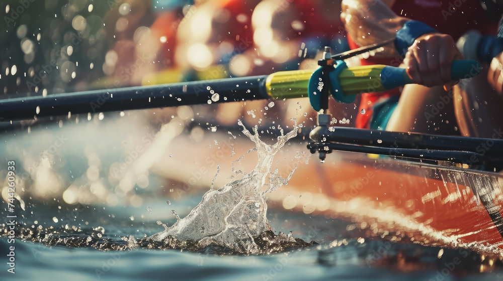 rowing competition on the river, sport, athletes, oars, boat, nature, healthy lifestyle, men, lake, water, hands, strength, speed, floating - obrazy, fototapety, plakaty 