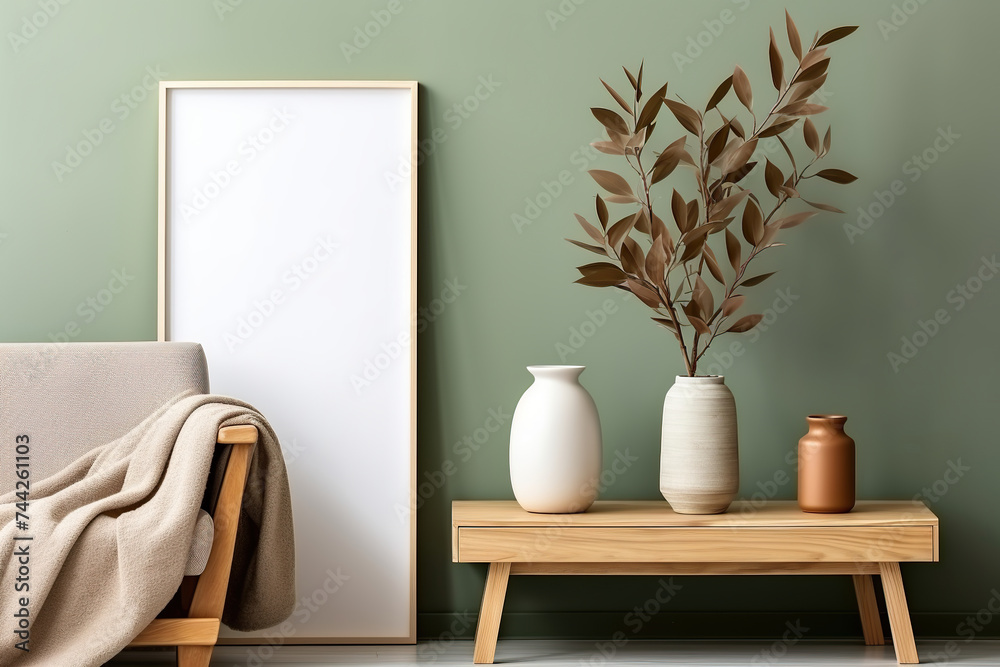 Obraz premium Scandinavian Living Room Interior Design with Blank Mock-Up Brown Wooden Picture Frame and Pot of Houseplant Green Leaf. Eco House Earth Day, Environment Day