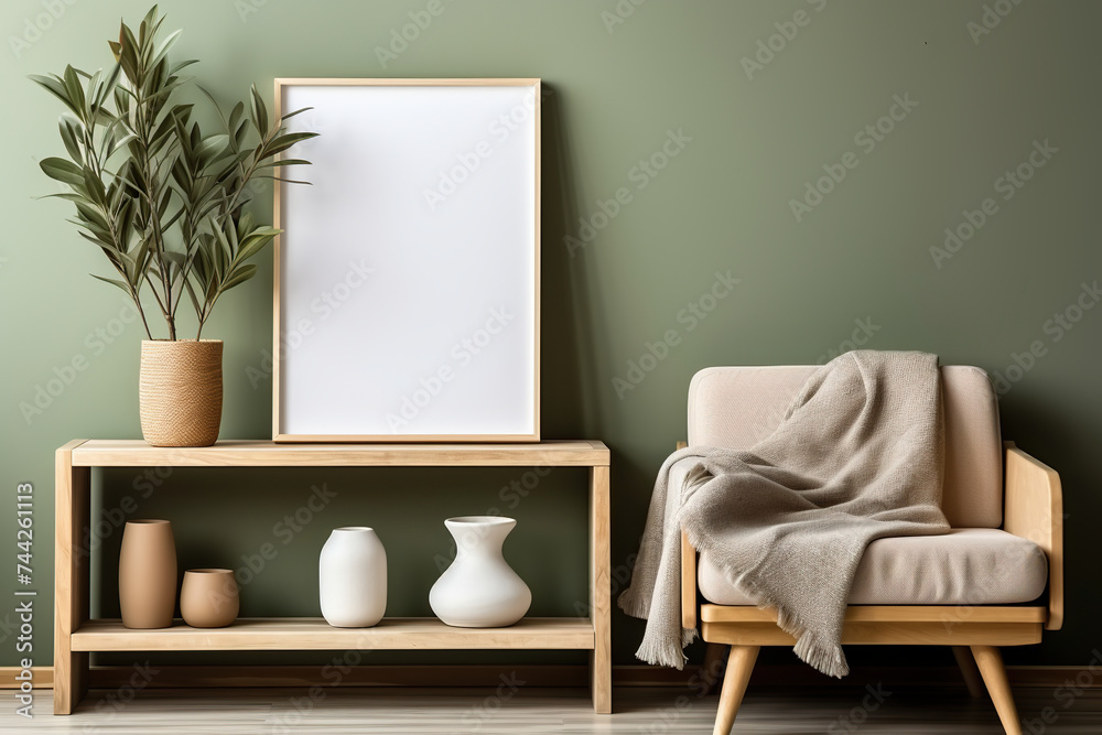 Obraz premium Scandinavian Living Room Interior Design with Blank Mock-Up Brown Wooden Picture Frame and Pot of Houseplant Green Leaf. Eco House Earth Day, Environment Day