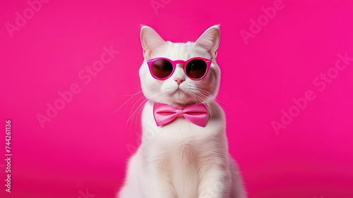 Portrait of a white cat with a bow tie on his neck and sunglasses, animal fashion concept.Business concept © Katerina