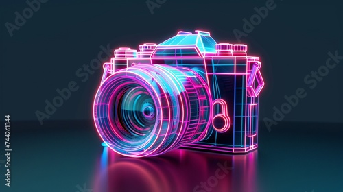old-fashioned marketing camera with thick lines and neon on a black background, 3D vector illustration