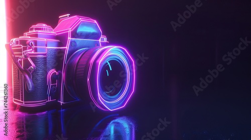 old-fashioned marketing camera with thick lines and neon on a black background, 3D vector illustration
