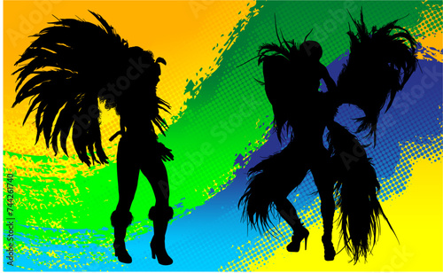 samba, baile, brasil, danza, carnaval, silueta, color, vector, pegatina, plumas, traje,  ilustracion, angel, diablo, pareja