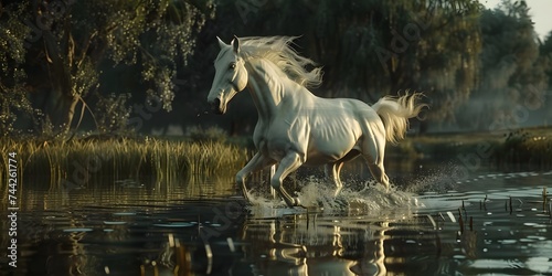 A beautiful amazing white horse runs on the water. Mystical portrait of an elegant stallion. Reflection of a white horse in the water. 3d render