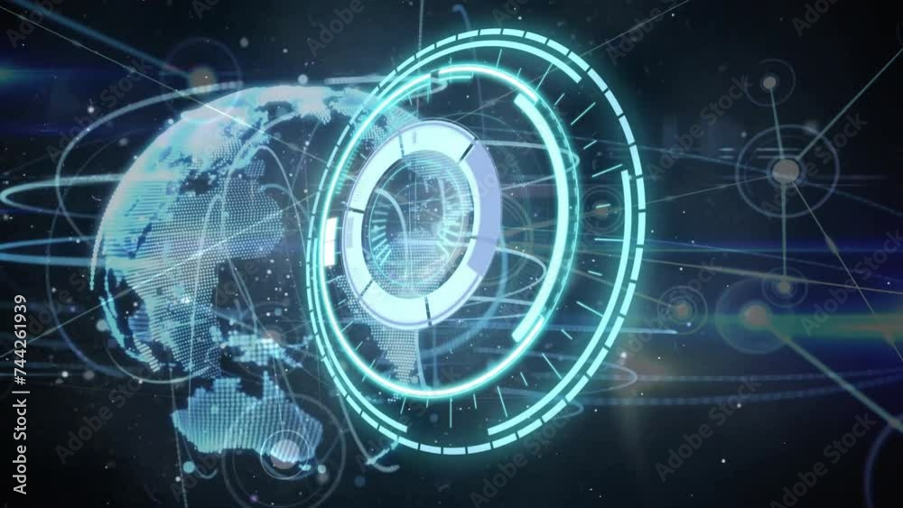 Animation of circular scanner processing over globe and networks on black background Animation of circular scanner processing over globe and networks on black background