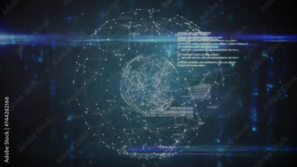 Animation of globe and data processing over network of connections