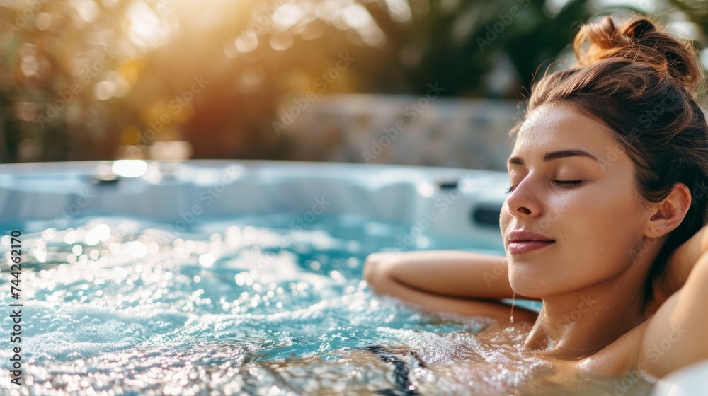 Obraz premium Young woman resting on the edge of a hot tub with her eyes closed generative ai