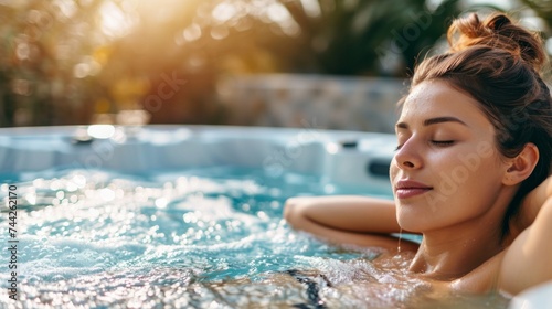 Young woman resting on the edge of a hot tub with her eyes closed generative ai
