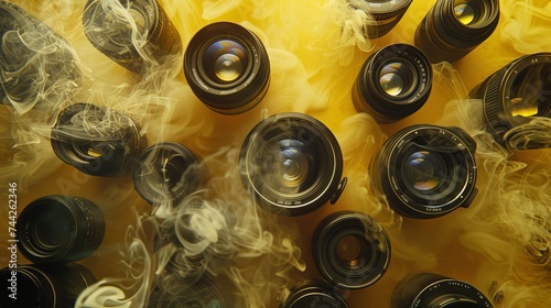 several lenses arranged as yellow background, fog, smoke, lens flare, glitter