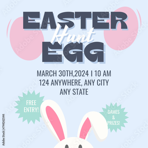Easter egg hunt modern background template. Vector illustration with bunny ears, eggs and text. Trendy cover, post, invitation or poster.