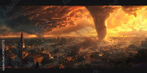 A view of a large tornado that destroyed an entire city. A tornado engulfs the city. photo