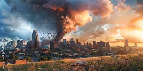 A view of a large tornado that destroyed an entire city. A tornado engulfs the city.