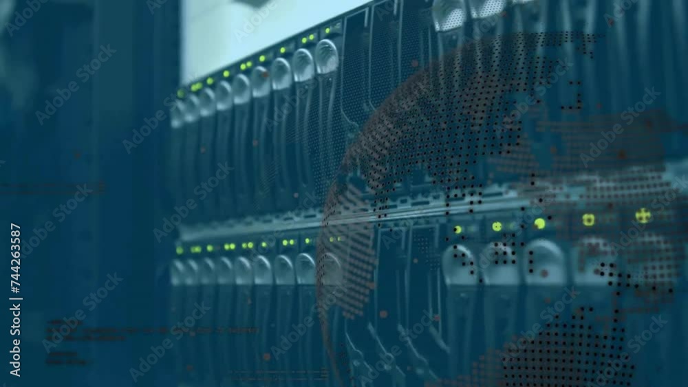Animation of globe and data processing over computer servers Animation of globe and data processing over computer servers