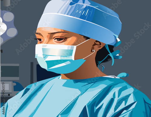 A female surgeon with a mask. Backlight concept. 