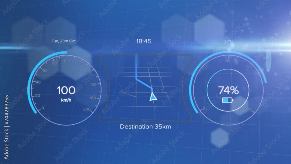 Animation of electric car dashboard data processing over blue background Animation of electric car dashboard data processing over blue background