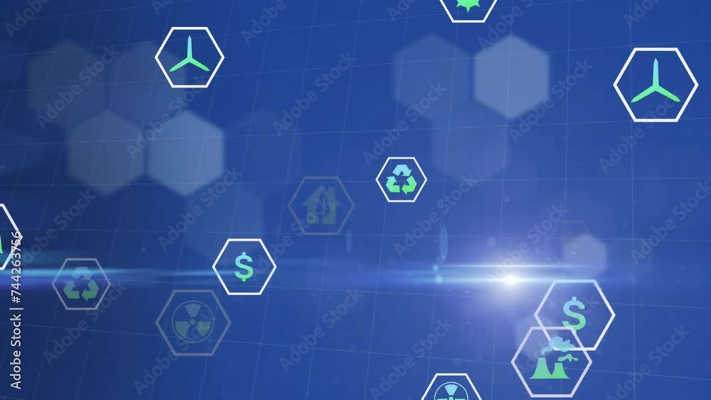 Animation of eco icons and data processing over blue background Animation of eco icons and data processing over blue background